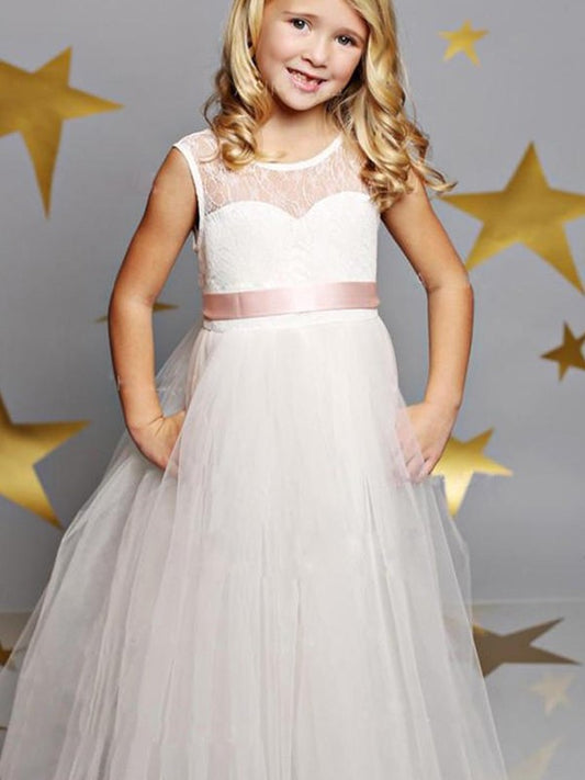 A-Line/Princess Tulle Scoop Sleeveless Sash/Ribbon/Belt Floor-Length Flower Girl Dresses DEP0007891