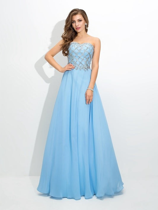 A-Line/Princess Sweetheart Beading Sleeveless Long Chiffon Dresses DEP0003339