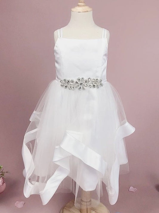 A-Line/Princess Tulle Beading Straps Sleeveless Tea-Length Flower Girl Dresses DEP0007935