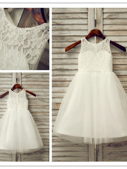 A-Line/Princess Tulle Lace Scoop Sleeveless Tea-Length Flower Girl Dresses DEP0007524