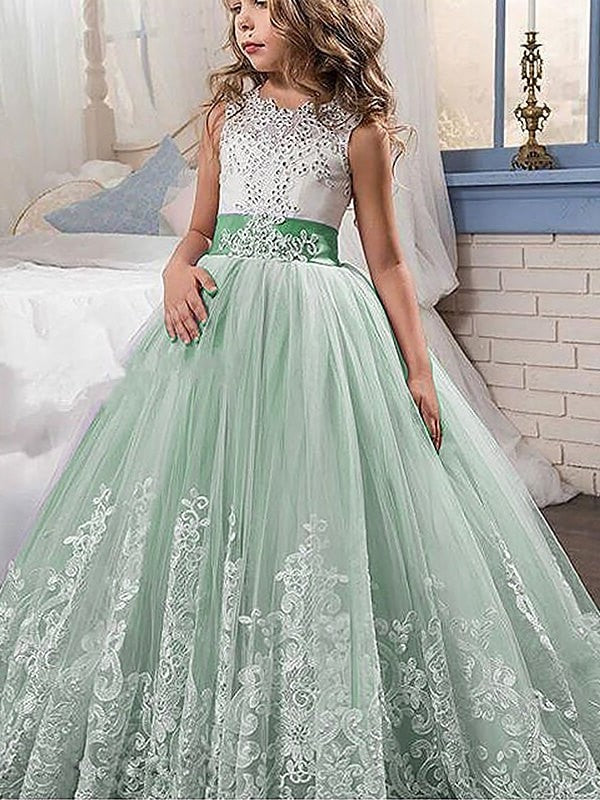 Ball Gown Jewel Sleeveless Lace Sweep/Brush Train Tulle Flower Girl Dresses DEP0007567