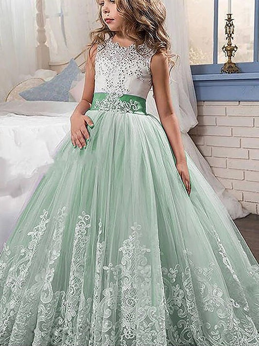 Ball Gown Jewel Sleeveless Lace Sweep/Brush Train Tulle Flower Girl Dresses DEP0007567