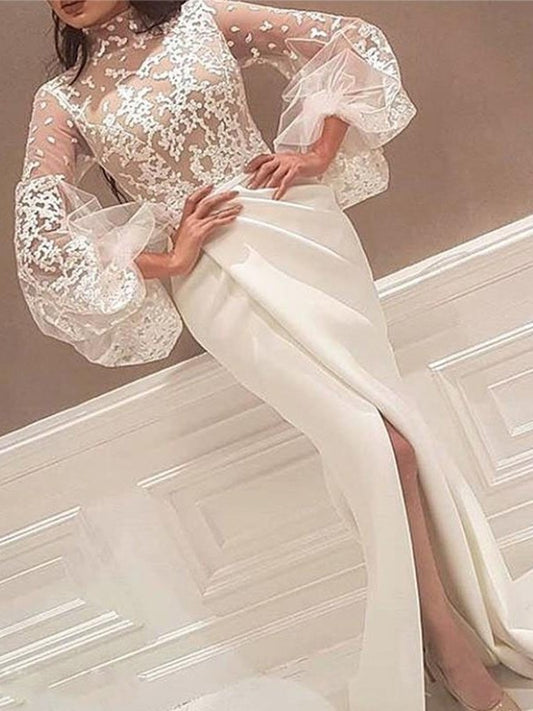 Trumpet/Mermaid Long Sleeves High Neck Sweep/Brush Train Lace Stretch Crepe Dresses DEP0002258