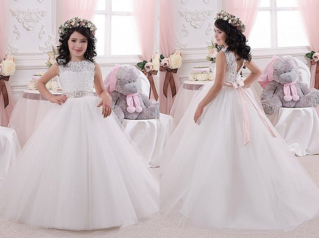 Ball Gown Scoop Sleeveless Sash/Ribbon/Belt Tulle Floor-Length Flower Girl Dresses DEP0007542