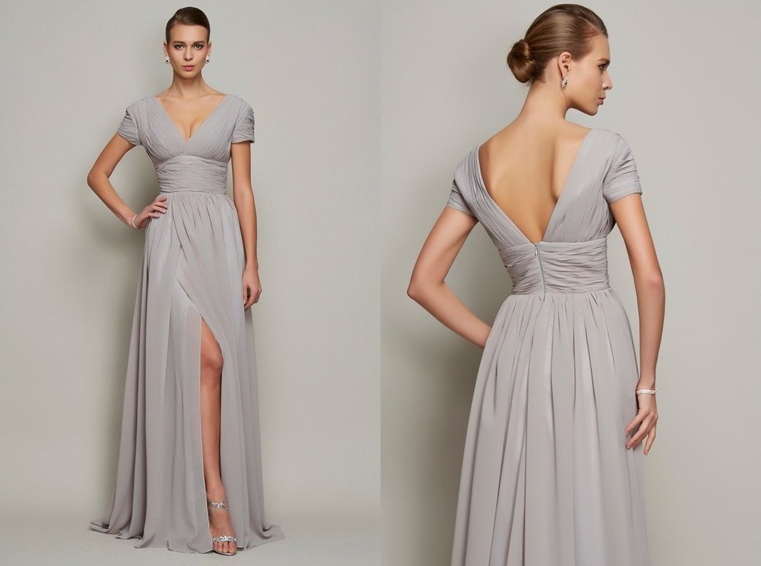 A-Line/Princess V-neck Short Sleeves Long Chiffon Mother of the Bride Dresses DEP0007086