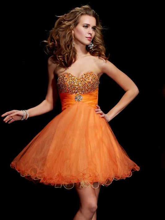 A-Line/Princess Strapless Sleeveless Beading Short Organza Homecoming Dresses DEP0008836