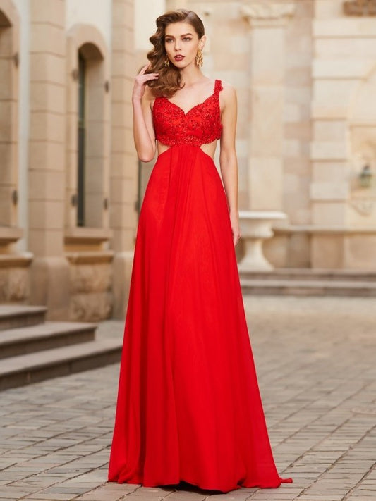 A-Line/Princess Straps Sleeveless Floor-Length Applique Chiffon Dresses DEP0003824