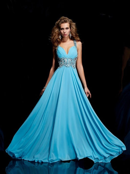 A-Line/Princess Straps Sleeveless Beading Long Chiffon Dresses DEP0002739