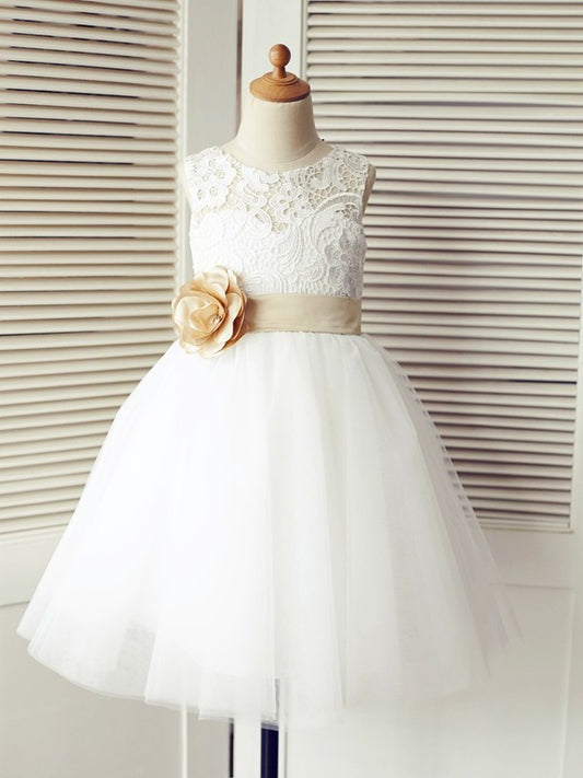 A-Line/Princess Tulle Lace Scoop Sleeveless Knee-Length Flower Girl Dresses DEP0007850