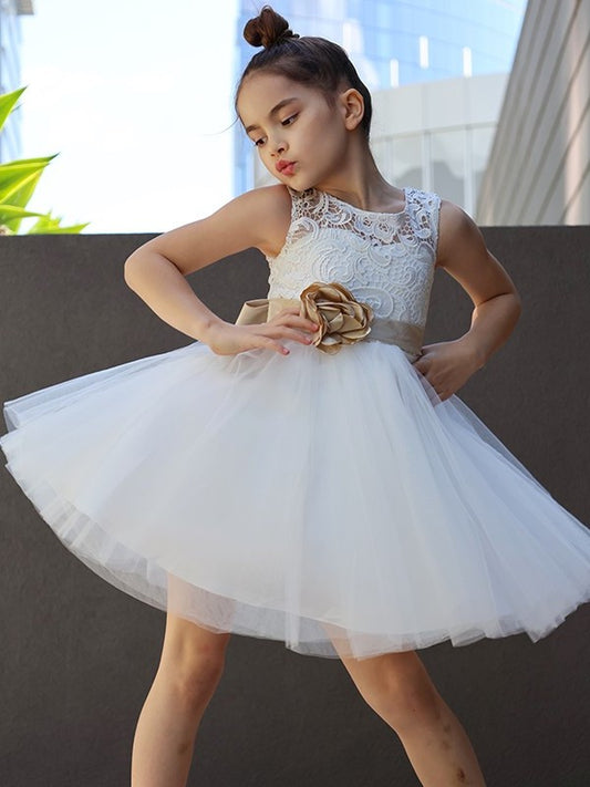 A-Line/Princess Tulle Lace Scoop Sleeveless Knee-Length Flower Girl Dresses DEP0007480