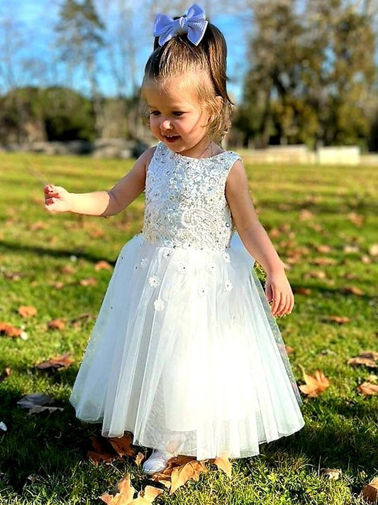 A-Line/Princess Tulle Bowknot Scoop Sleeveless Ankle-Length Flower Girl Dresses DEP0009292