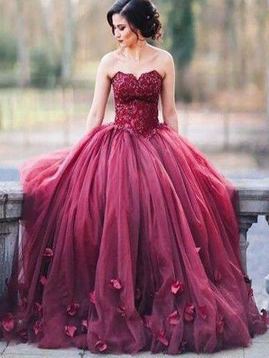 Ball Gown Sleeveless Sweetheart Applique Floor-Length Tulle Dresses DEP0001811