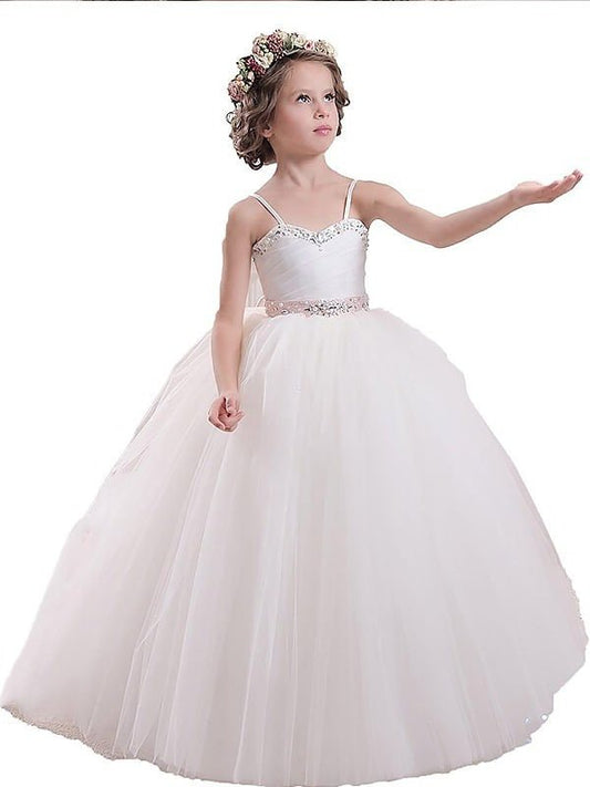 Ball Gown Sleeveless Spaghetti Straps Sash/Ribbon/Belt Floor-Length Tulle Flower Girl Dresses DEP0007672