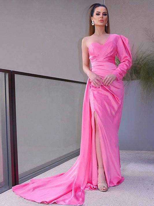 Sheath/Column One-Shoulder Long Sleeves Ruched Charmeuse Sweep/Brush Train Dresses DEP0001455