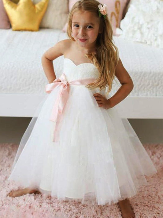 A-Line/Princess Tulle Sash/Ribbon/Belt Sweetheart Sleeveless Ankle-Length Flower Girl Dresses DEP0007799