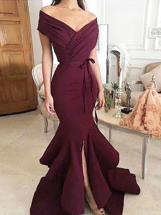 Trumpet/Mermaid Off-the-Shoulder Sleeveless Floor-Length Ruched Stretch Crepe Dresses DEP0001709