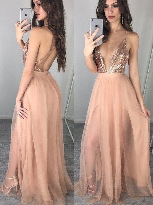 A-Line/Princess Sleeveless Spaghetti Straps Chiffon Floor-Length Sequin Dresses DEP0002024