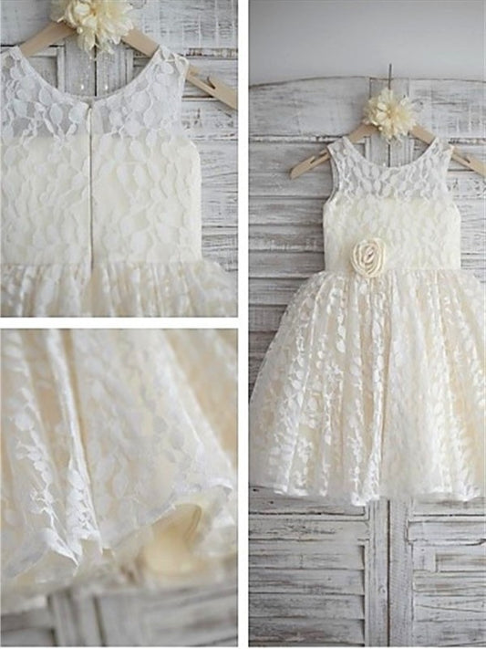 A-line/Princess Sleeveless Scoop Hand-made Flower Tea-Length Lace Flower Girl Dresses DEP0007792