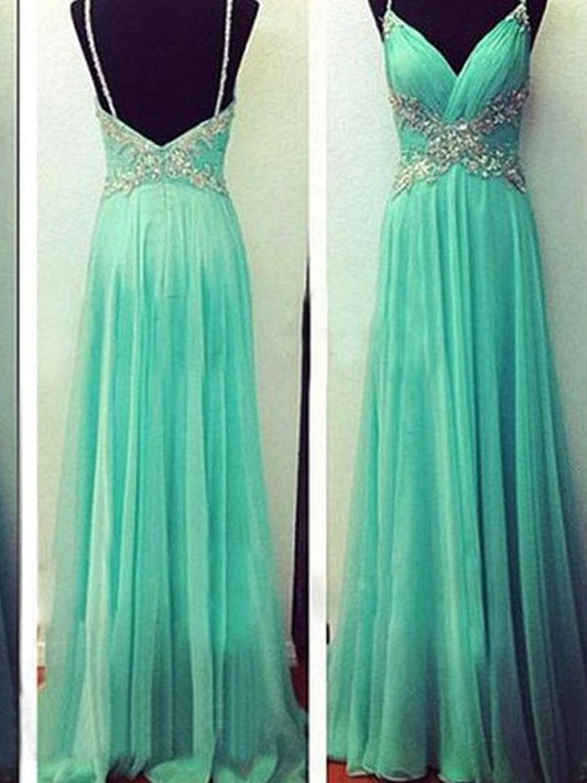 A-Line/Princess Spaghetti Straps Sleeveless Beading Floor-Length Chiffon Dresses DEP0002283