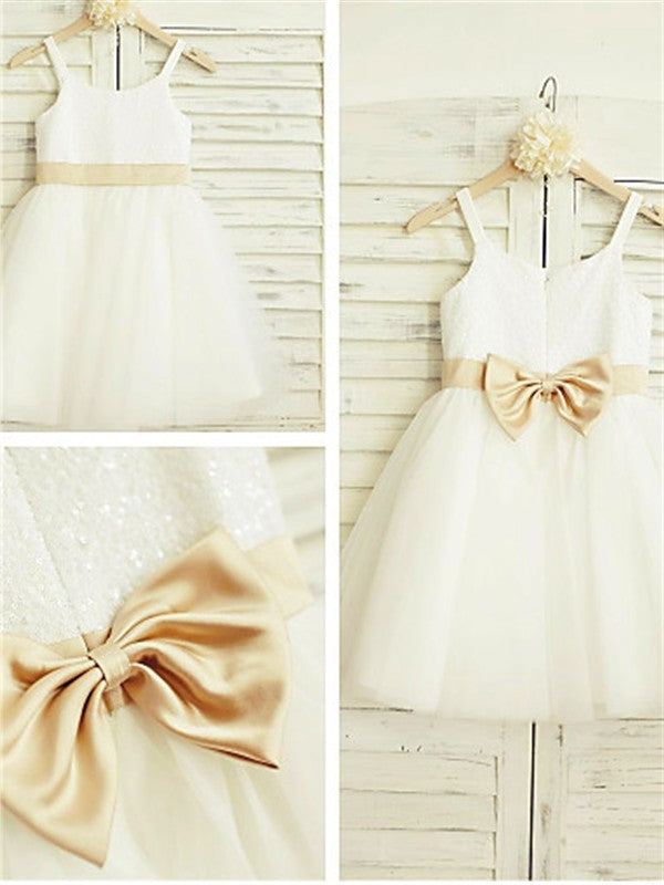 A-line/Princess Spaghetti Straps Sleeveless Bowknot Knee-Length Tulle Flower Girl Dresses DEP0007742