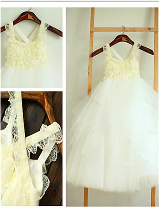 Ball Gown Square Sleeveless Layers Tea-Length Tulle Flower Girl Dresses DEP0007754