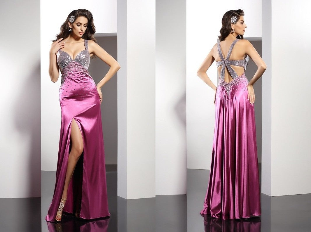 A-Line/Princess Straps Beading Sleeveless Long Elastic Woven Satin Dresses DEP0009244