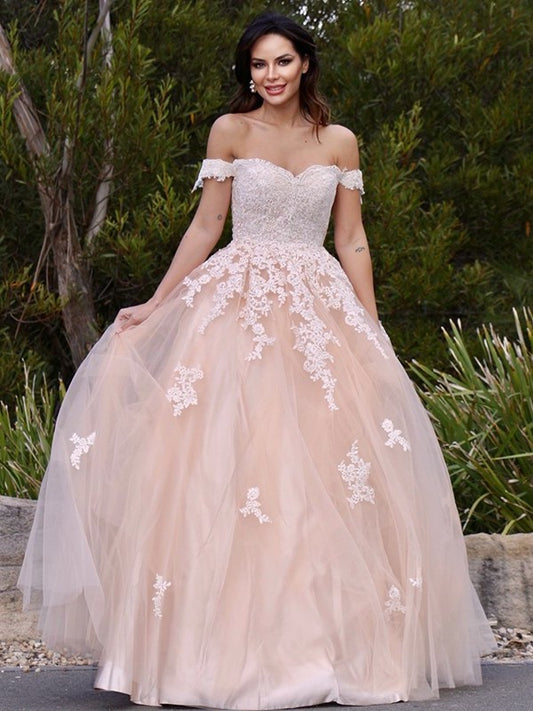 A-Line/Princess Tulle Applique Off-the-Shoulder Sleeveless Floor-Length Dresses DEP0001588