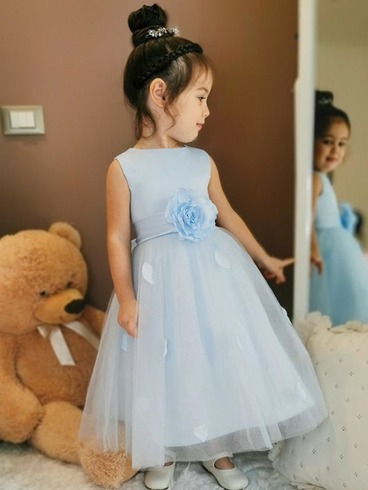 A-Line/Princess Tulle Hand-Made Flower Scoop Sleeveless Ankle-Length Flower Girl Dresses DEP0007547