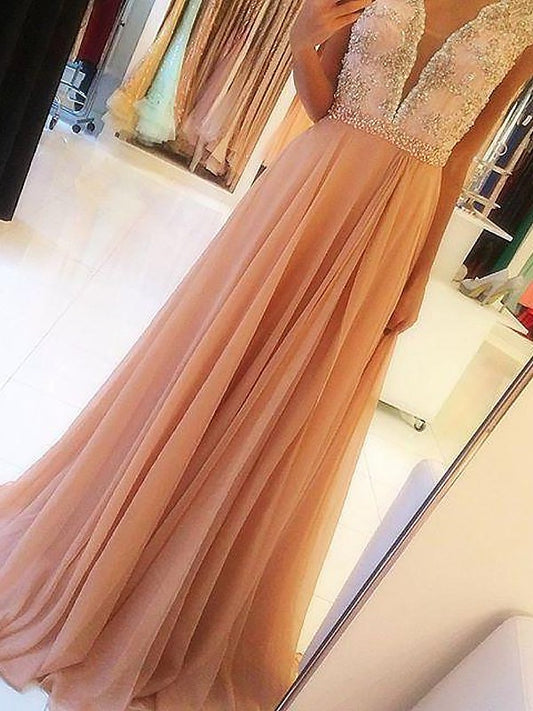 A-Line/Princess Sleeveless V-neck Chiffon Beading Sweep/Brush Train Dresses DEP0002216