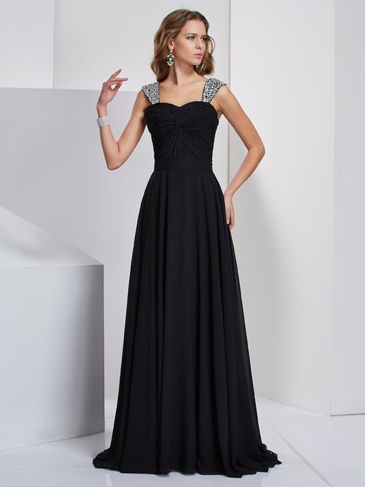 A-Line/Princess Straps Sleeveless Beading Long Chiffon Dresses DEP0003148