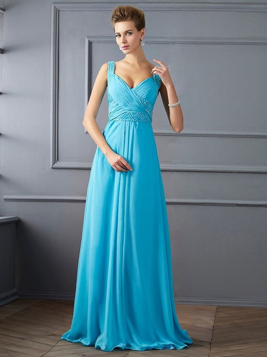 A-Line/Princess Straps Sleeveless Pleats Long Chiffon Dresses DEP0003296