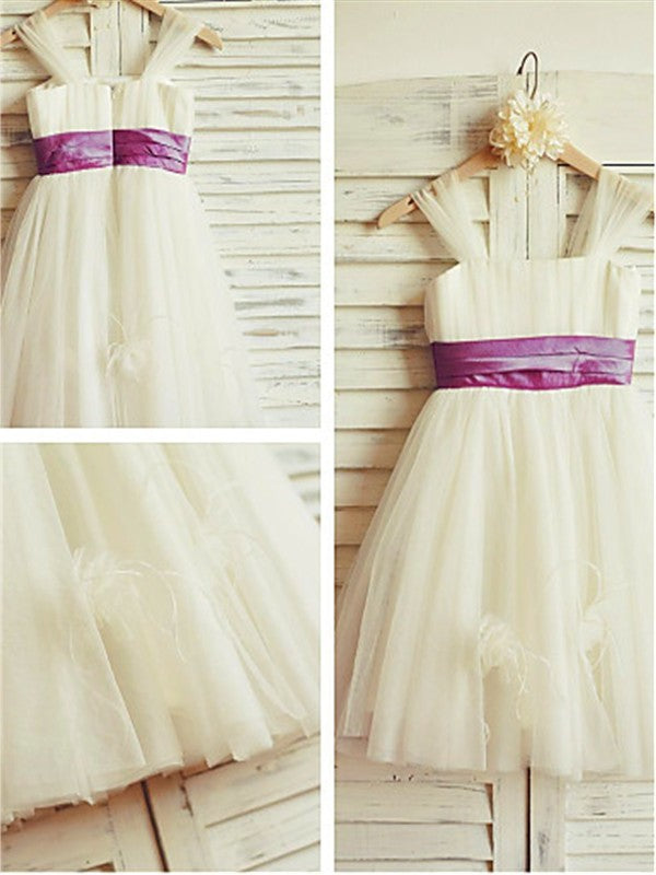 A-line/Princess Straps Sleeveless Ruffles Tea-Length Tulle Flower Girl Dresses DEP0007886