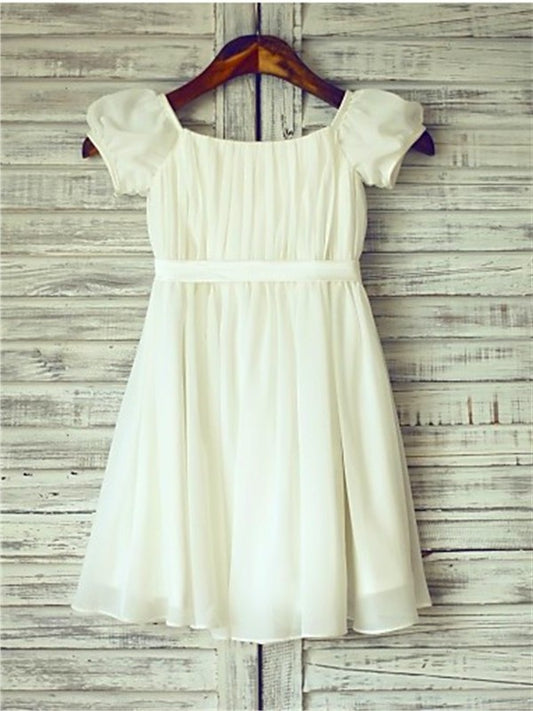 A-line/Princess Square Short Sleeves Ruched Tea-Length Chiffon Flower Girl Dresses DEP0007675