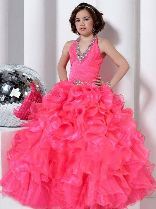 Ball Gown Halter Sleeveless Beading Long Organza Flower Girl Dresses DEP0007783