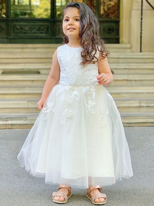 A-Line/Princess Tulle Lace Scoop Sleeveless Ankle-Length Flower Girl Dresses DEP0007499