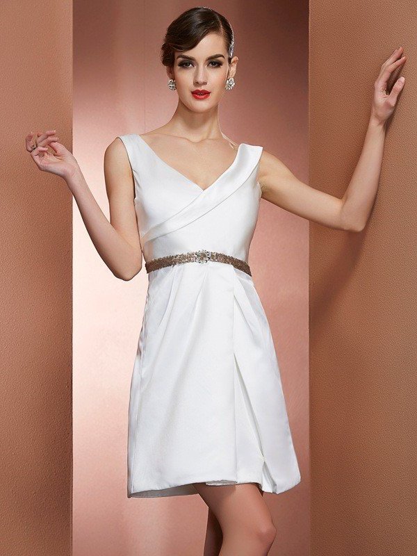 A-Line/Princess Straps Sleeveless Beading Short Satin Bridesmaid Dresses DEP0005703