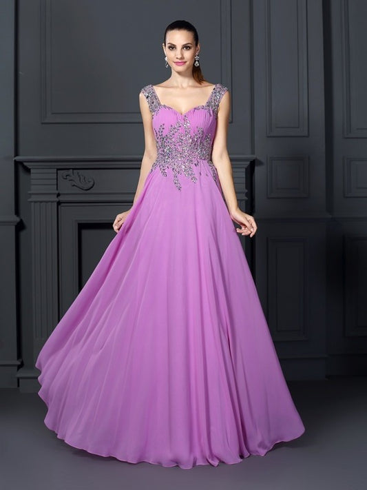 A-Line/Princess Straps Beading Sleeveless Long Chiffon Dresses DEP0002537