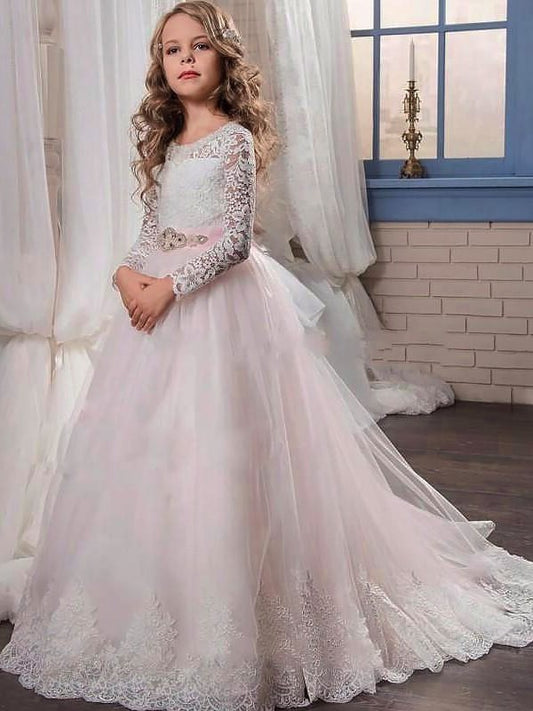 Ball Gown Jewel Long Sleeves Lace Sweep/Brush Train Tulle Flower Girl Dresses DEP0007614