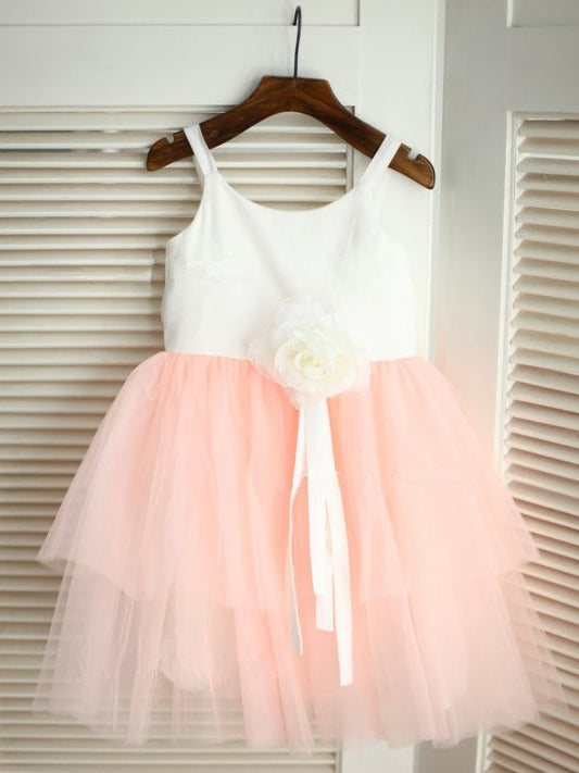 A-line/Princess Spaghetti Straps Sleeveless Hand-made Flower Long Tulle Flower Girl Dresses DEP0007704