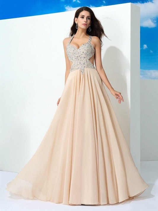 A-Line/Princess Straps Beading Sleeveless Long Chiffon Dresses DEP0002580