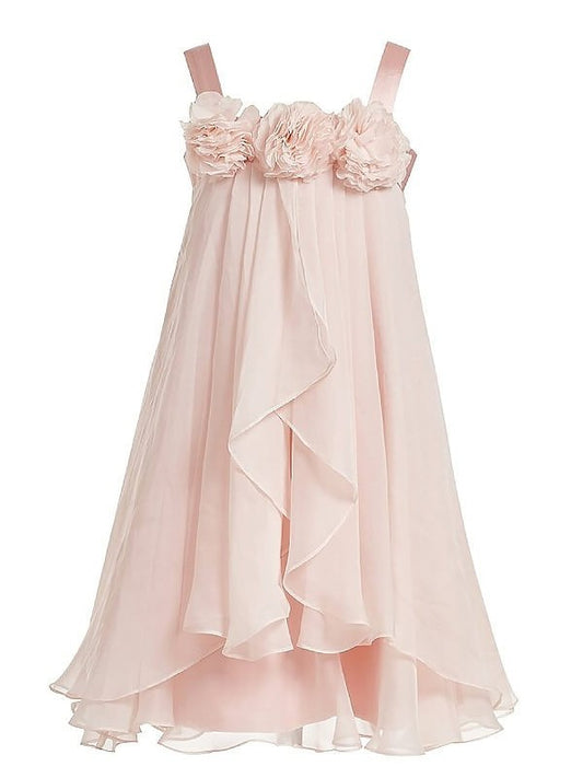 A-Line/Princess Sleeveless Straps Hand-Made Flower Chiffon Tea-Length Flower Girl Dresses DEP0007552