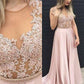 A-Line/Princess Sleeveless V-neck Satin Lace Floor-Length Dresses DEP0002267