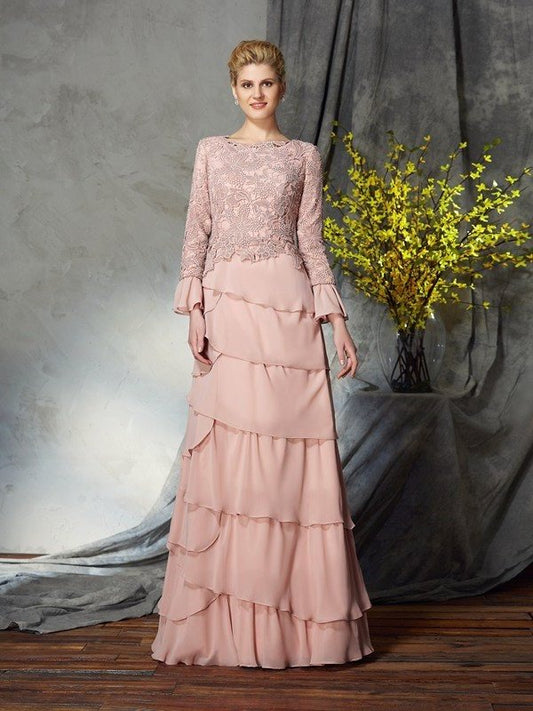 Sheath/Column Scoop Ruffles Long Sleeves Long Chiffon Mother of the Bride Dresses DEP0007282