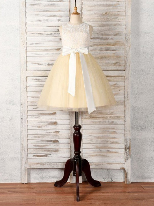 A-Line/Princess Tulle Sash/Ribbon/Belt Scoop Sleeveless Tea-Length Flower Girl Dresses DEP0007527