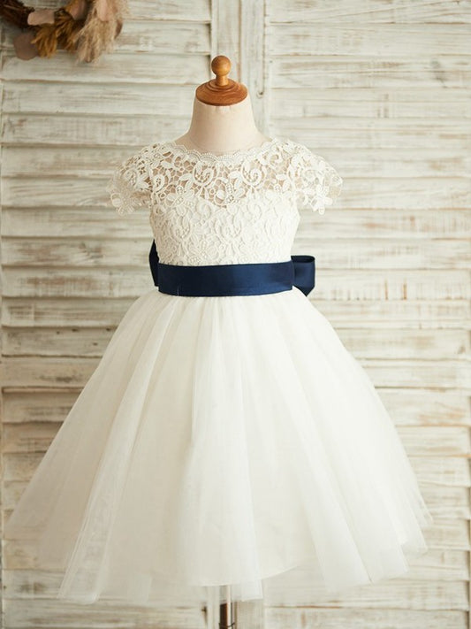 A-Line/Princess Tulle Lace Scoop Sleeveless Knee-Length Flower Girl Dresses DEP0007883