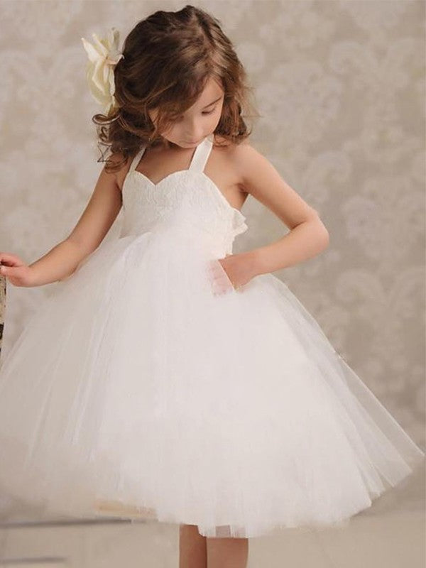 Ball Gown Tulle Applique Halter Sleeveless Knee-Length Flower Girl Dresses DEP0007779