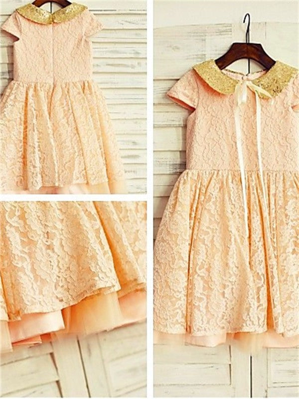 A-line/Princess Short Sleeves Scoop Sequin Tea-Length Lace Flower Girl Dresses DEP0007930