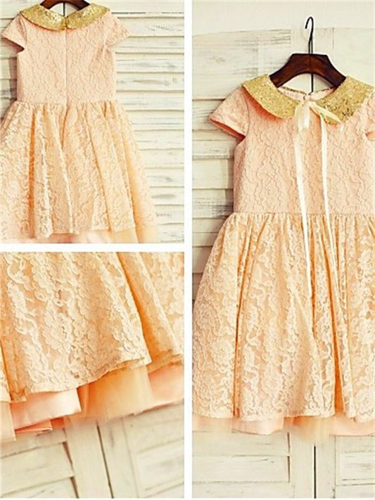 A-line/Princess Short Sleeves Scoop Sequin Tea-Length Lace Flower Girl Dresses DEP0007930