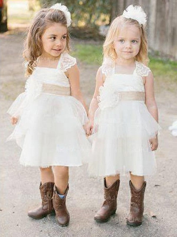 A-Line/Princess Sleeveless Square Knee-Length Sash/Ribbon/Belt Tulle Flower Girl Dresses DEP0007733