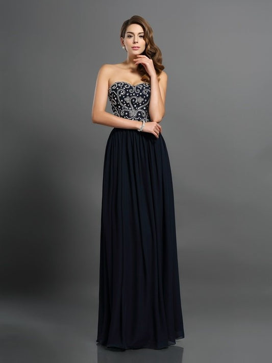 A-Line/Princess Sweetheart Beading Sleeveless Long Chiffon Dresses DEP0004093